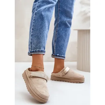 Dámské žabky Dámské pantofle zateplené kožíškem na platformě béžové Azida 40