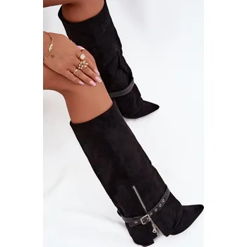 Dámské kozačky Dámské wsuwané kozačky nad koleno na sloupkovém podpatku s ozdobným páskem Jolivine – černé Velikost: 38