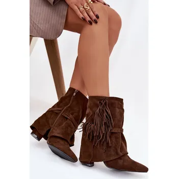Dámská zimní obuv Dámské kotníkové boty na sloupkovém podpatku s třásněmi a zlatými přezkami Evelisse – hnědé Velikost: 40