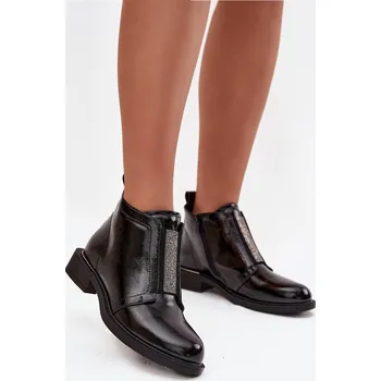 Dámská zimní obuv Lakované zateplené dámské kotníkové boty na nízkém podpatku S.Barski HY52-506 Černé 40