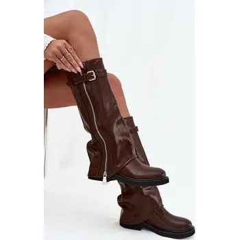 Dámské kozačky Dámské kozačky s ohrnovaným svrškem, sponou a stříbrným zipem, zateplené Bressa – hnědé Velikost: 38