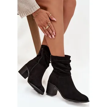 Dámská zimní obuv Dámské kotníkové boty s řasením na sloupkovém podpatku S.Barski – černé Velikost: 40