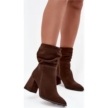 Dámské kozačky Kozačky z přírodního semiše zateplené na podpatku s vráskou Zazoo 4216 Čokoládové 37