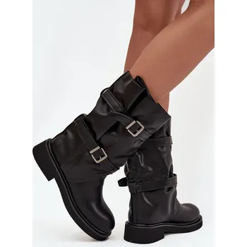 Dámské kozačky Dámské kozačky ke kolenům s pásky a sponami Halvessa – černé Velikost: 40