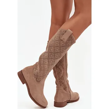 Dámské kozačky Dámské kozačky s perforací na nízkém podpatku S.Barski HY52-534 béžové 40