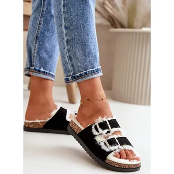 Dámské žabky Dámské Pantofle S Přezkami A Kožíškem Černé Ezilena 37