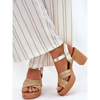 Dámské sandále Kožené Sandály Na Podpatku S Pletením Na Páscích Zazoo 40460 Zlaté 39