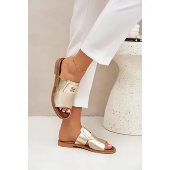 Dámské žabky Elegantní Pantofle Z Přírodní Kůže Na Plochém Podpatku Zazoo 40423 Zlaté 38