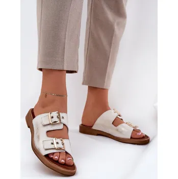 Dámská obuv Kožené Ploché Pantofle S Přezkami Zazoo 3020 Zlaté Ošoupané 36