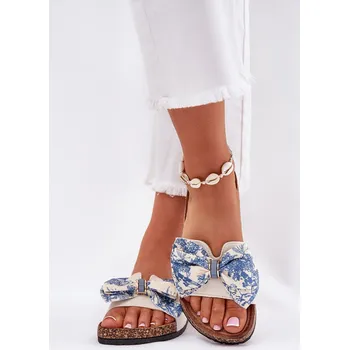 Dámské žabky Dámské pantofle s mašlí na korkové platformě modré Lisandrea 38