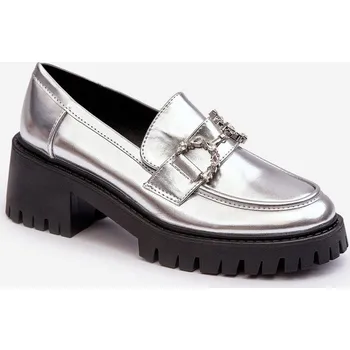 Dámské polobotky Dámské kožené polobotky na masivním podpatku stříbrné Lemmitty 38