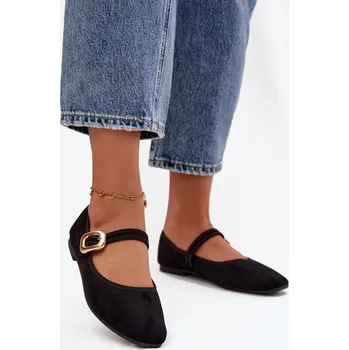 Dámské baleríny Baleríny s páskem a zlatým sponou Eko semišové Černé Adelora 38