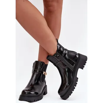 Dámská zimní obuv Lakované kotníkové boty zimní s ozdobnou páskou černé Vivessa 36