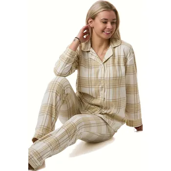 Dámské pyžamo Pyžamo dámské teplé hřejivé přírodní béžové káry 1Z1744 béžová m