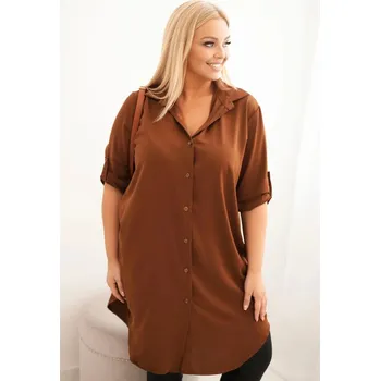 Dámské šaty Dámská košilová šaty Plus Size s delším zadním dílem a ohrnutým rukávem tmavě camelová UNI