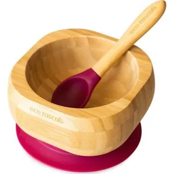 Ecorascals Bambusová Miska s Přísavkou a Lžičkou Objem 250 ml Červené