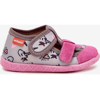 Dětské pantofle Milami na suchý zip s jednorožci šedo-růžové Reathiana 27