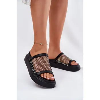 Dámské žabky Ozdobené Dámské Pantofle Na Platformě S Síťovinou Černé S.Barski MY51-016 37