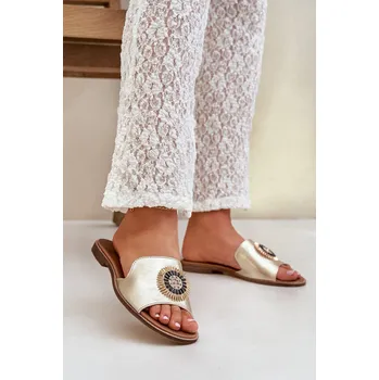 Dámské sandále Kožené sandály s ozdobou na plochém podpatku Zazoo 3047/O zlaté 39