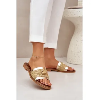 Dámské žabky Kožené pantofle s ozdobným detailem a pletením Zazoo 40426 zlaté 38