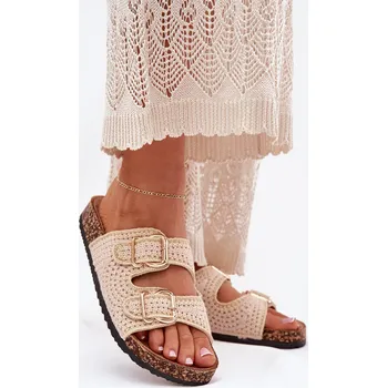 Dámské žabky Háčkované dámské pantofle se zlatými přezkami béžové Fenira 38
