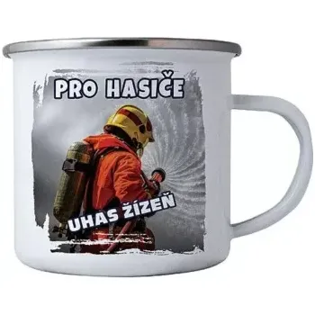 Hrnek plecháček s potiskem hasiče, smaltový