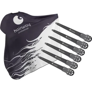 Kadeřnická pláštěnka na stříhání Hairway - černo-bílá + karbonové klipsy do vlasů Hairway - 10 cm, černé - 6 ks zdarma + dárek zdarma