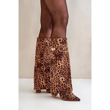 Dámské kozačky Dámské Kozačky Na Podpatku Před Kolena Leopardí Hnědé Portora 36
