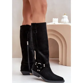 Dámské kozačky Semišové Kozačky Kovbojky Na Nízkém Podpatku S Dekorací Zazoo 3656 Černé 40