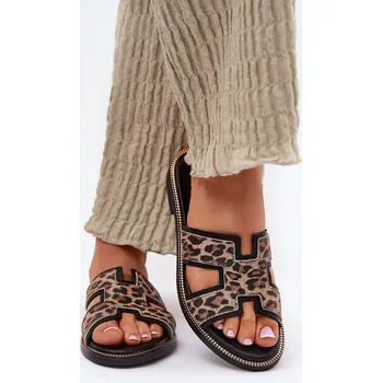 Dámské žabky Kožené Ploché Pantofle S Panteřím Vzorem Zazoo 40383 Černé 38