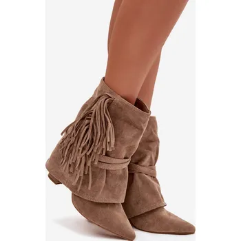 Dámská zimní obuv Dámské kotníkové boty na sloupkovém podpatku s třásněmi a zlatými přezkami Evelisse – béžové Velikost: 40