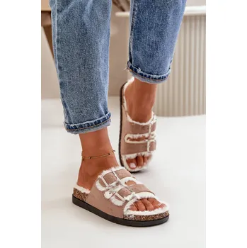 Dámské žabky Dámské Pantofle S Přezkami A Kožíškem Béžové Ezilena 41