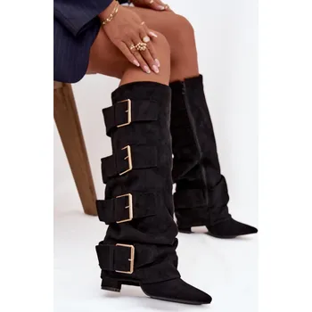 Dámské kozačky Dámské kozačky na sloupkovém podpatku s ohrnovaným svrškem a zlatými přezkami Isavelle – černé Velikost: 38
