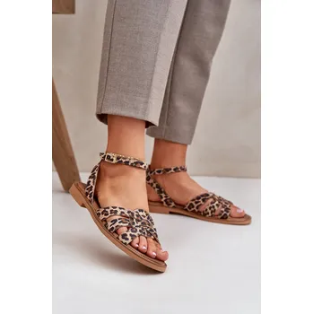Dámské sandále Kožené Dámské Sandály Na Plochém Podpatku Leopardí Zazoo 3688 Hnědé 39