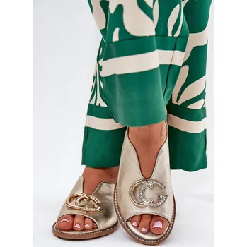 Dámské sandále Kožené Sandály Na Plochém Podpatku S Ozdobou Laura Messi 2865 Zlaté 37