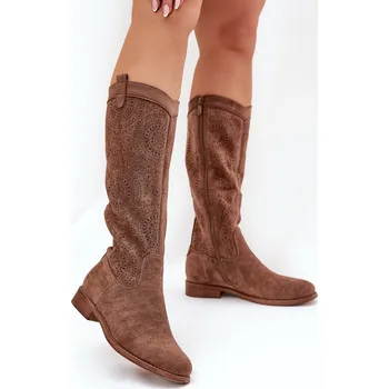 Dámské kozačky Kozačky S Ažurovým Svrškem Na Plochém Podpatku Hnědé S.Barski HY51-860 36