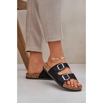 Dámské žabky Textilní Pantofle Na Korkové Podešvi S Přezkami Černé Atera 36