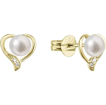 Náušnice Evolution Group s.r.o. Zlaté 14 karátové náušnice srdce s říční perlou a brilianty 91PB00054