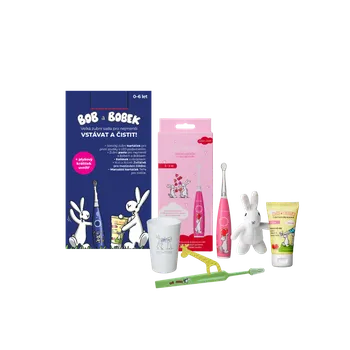 Elektrický zubní kartáček Bob a Bobek dárková sada - Velká zubní sada pro nejmenší s červeným sonickým kartáčkem a USB dobíjením + Dárek k nákupu