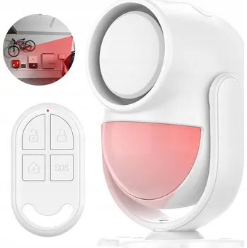 Alarm s pohybovým senzorem, bílý, s dálkovým ovládáním. Pro domy, karavany a byty.