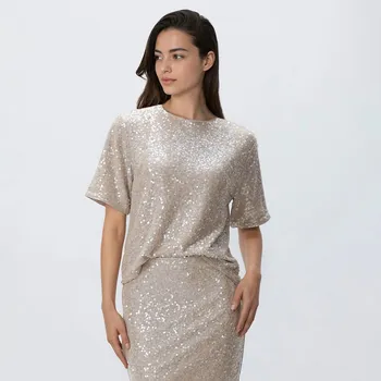 Reserved - Boxy tričko s flitry - tělová - 251HS-02X - 251HS-02X-XS