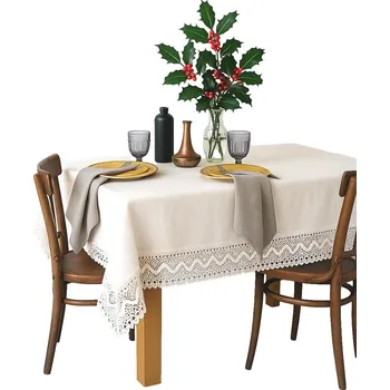 ubrus Obrus świąteczny lniany biały krémový 110x160 s přírodní krajkou ECO PL