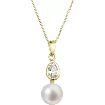 Náhrdelník Zlatý 14 karátový náhrdelník žluté zlato s bílou říční perlou a zirkony 92PZ00048