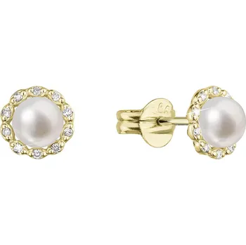 Náušnice Evolution Group s.r.o. Zlaté 14 karátové náušnice kytička s říční perlou a brilianty 91PB00041