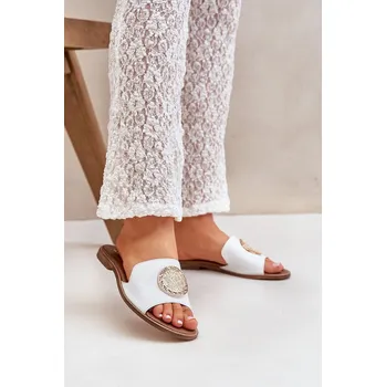 Dámské žabky Kožené Pantofle S Dekorací Na Plochém Podpatku Bílé Zazoo 3047/O 39