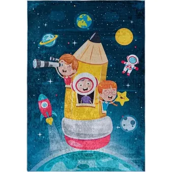 Koberec Makro Abra Dětský kusový koberec vhodný k praní BAMBINO 42810 Vesmír Raketa Kosmonaut Děti modrý protiskluzový žlutý Rozměr: 120x170 cm