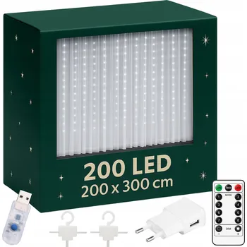 Vánoční dekorace SVĚTELNÝ ZÁVĚS 200 LED STUDENÁ BÍLÁ 3x2m USB VÁNOČNÍ GIRLANDA NA STROMEČEK S DÁLKOVÝM OVLÁDÁNÍM