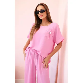 Dámský komplet z viskózy s ozdobným květem a širokými kalhotami světle růžová UNI