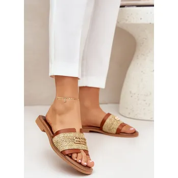 Dámské žabky Kožené Pantofle S Dekorativním Detailem A Pletením Hnědé Zazoo 40426 40