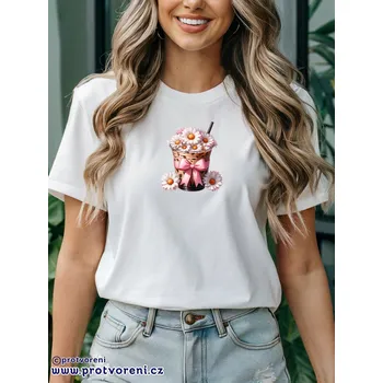 Dámské tričko Trička s potiskem Tričko s potiskem, LEDOVÁ KÁVA A SEDMIKRÁSKY, 1 ks zvolte VELIKOST textilu ZDE:: XS - velikost typ Beagle